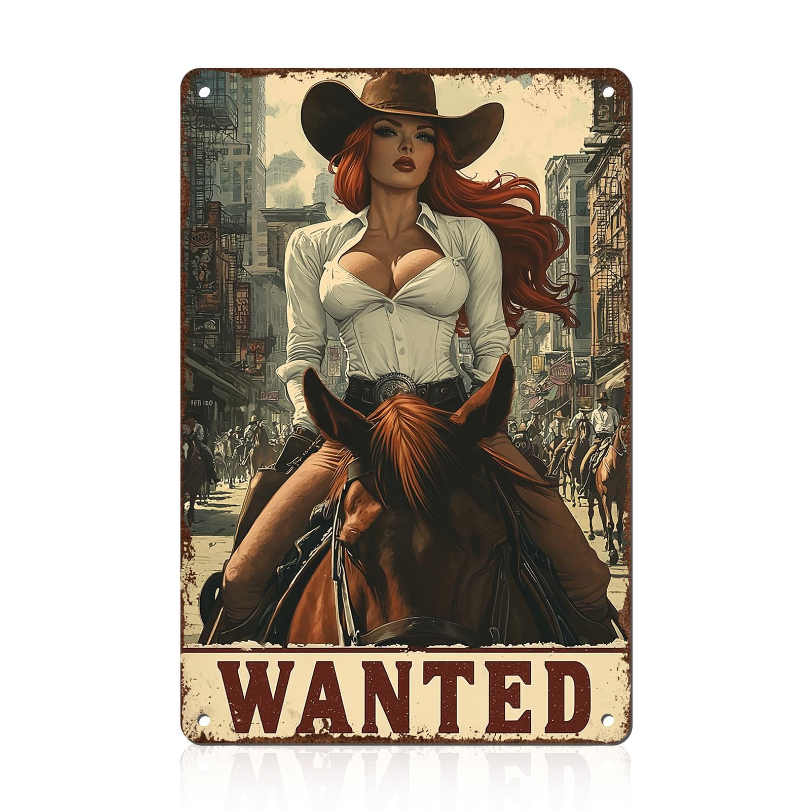 Western Wanted Tin Sign Vintage Metal Poster Rustic Wall Decor Cowgirl Pin Up Art Retro Iron Painting 8x12inch