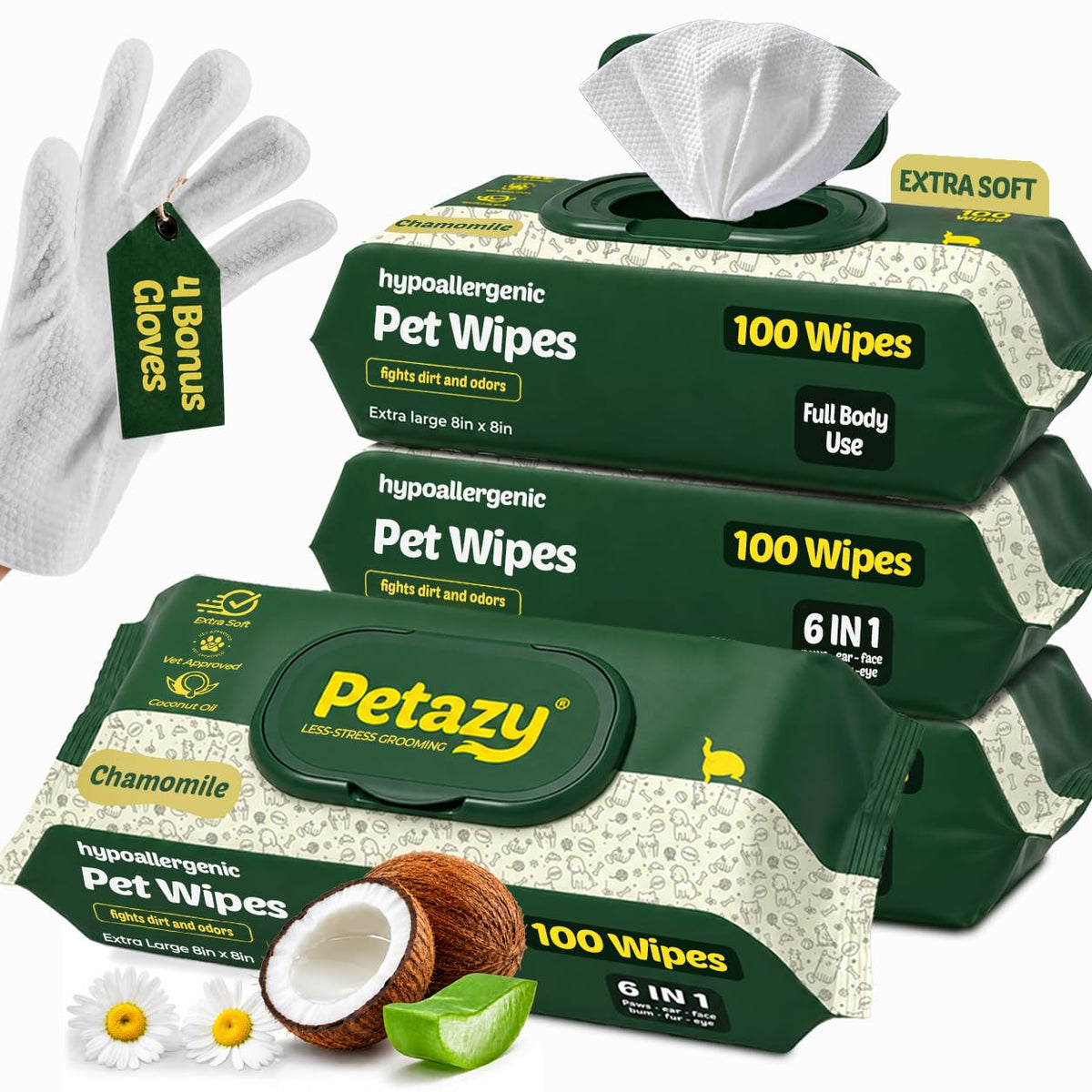 Petazy Pet Wipes for Dogs and Cats – 400 Count (8x8in) Hypoallergenic, Deodorizing Dog Wipes for Paws, Ears and Butt | XL with Aloe & Coconut Oil, Lavender Scented | Includes 4 Grooming Glove Wipes