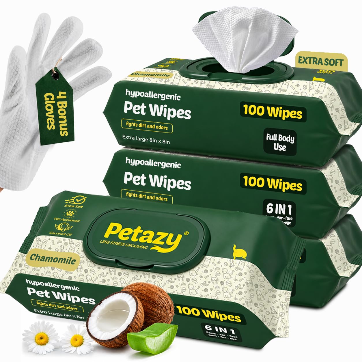 Petazy Pet Wipes for Dogs and Cats – 400 Count (8x8in) Hypoallergenic, Deodorizing Dog Wipes for Paws, Ears and Butt | XL with Aloe & Coconut Oil, Lavender Scented | Includes 4 Grooming Glove Wipes