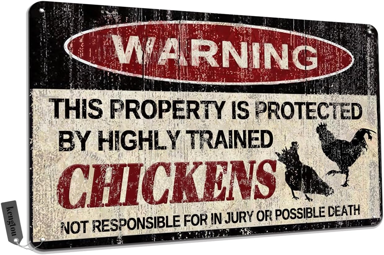 Chickens Tin Sign, Funny Metal Sign, Vintage Wall Decor 12x8 Inch - Warning This Property Protected by Chickens