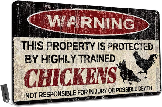 Chickens Tin Sign, Funny Metal Sign, Vintage Wall Decor 12x8 Inch - Warning This Property Protected by Chickens