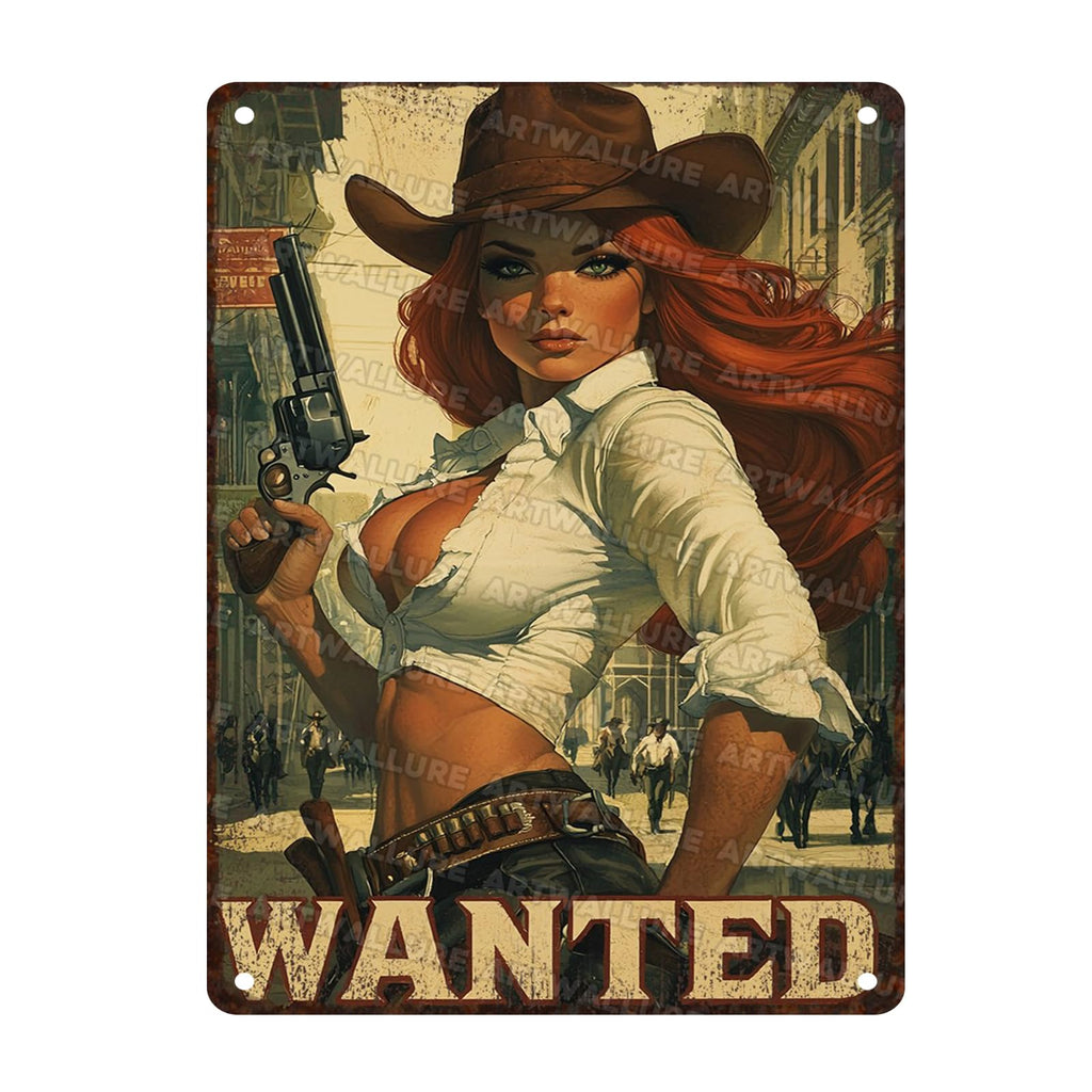 Retro Cowgirl Tin Sign Metal Wall Art Rustic Western Home Decor Wanted Theme 8x12inch