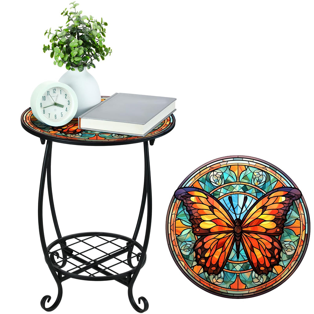 Cinnvoice Outdoor Side Table Round Small Mosaic Patio Accent Indoor End Plant Coffee Tea Table for Yard Patio Porch Garden Living Room, Bedroom(Butterfly Style,14 Inch)