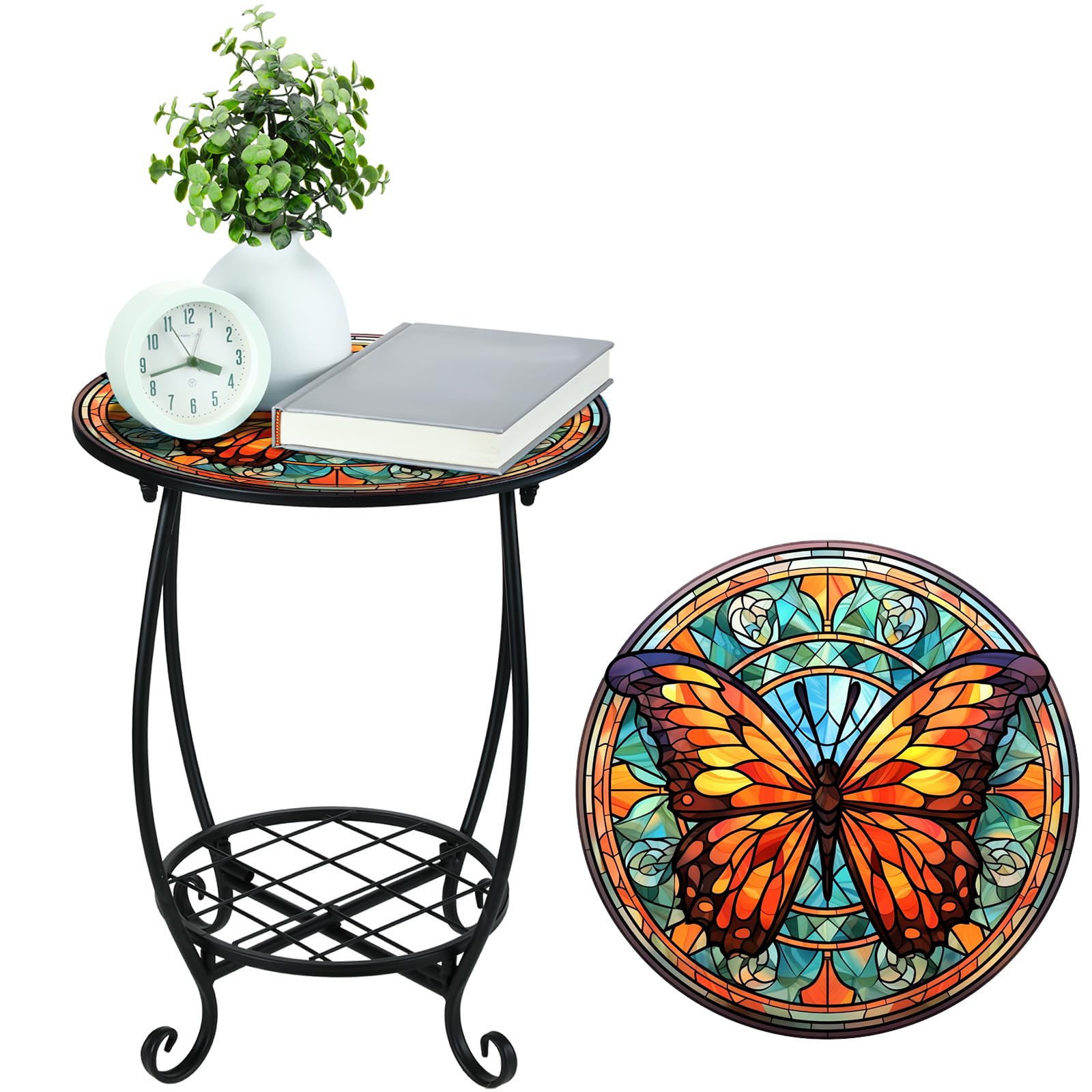 Cinnvoice Outdoor Side Table Round Small Mosaic Patio Accent Indoor End Plant Coffee Tea Table for Yard Patio Porch Garden Living Room, Bedroom(Butterfly Style,14 Inch)
