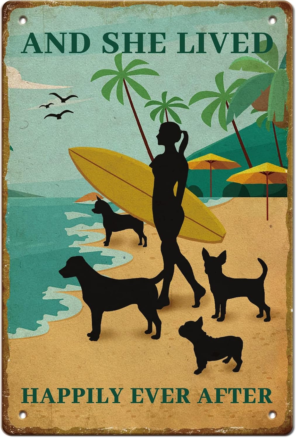 SUPERDANT Surfing Girl Tin Signs Summer Cottage Metal Sign Poster And She Lived Happily Ever After Vintage Wall Art Plaque for Beach Café Cabin Patio Pool Living Room Bedroom Decoration
