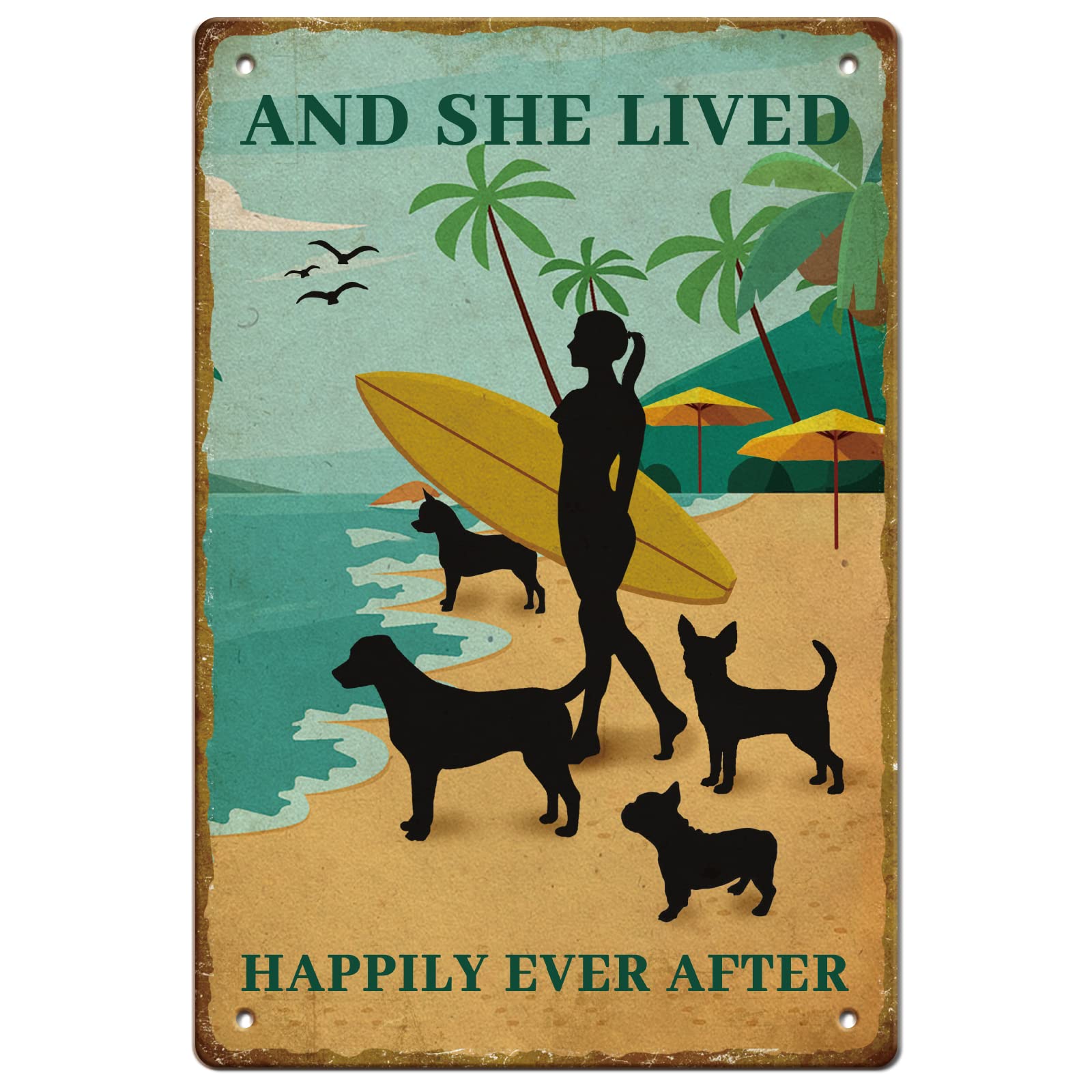 SUPERDANT Surfing Girl Tin Signs Summer Cottage Metal Sign Poster And She Lived Happily Ever After Vintage Wall Art Plaque for Beach Café Cabin Patio Pool Living Room Bedroom Decoration