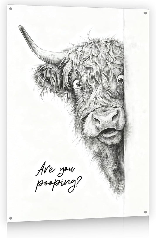 Madewell Living Funny Highland Cow Metal Tin Sign, Are You Pooping, Rustic Farmhouse Wall Decor for Bathroom, Western Bathroom Art with Humorous Quote, 8x12 Inch