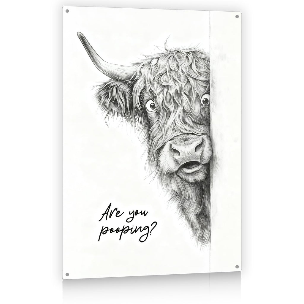 Madewell Living Funny Highland Cow Metal Tin Sign, Are You Pooping, Rustic Farmhouse Wall Decor for Bathroom, Western Bathroom Art with Humorous Quote, 8x12 Inch