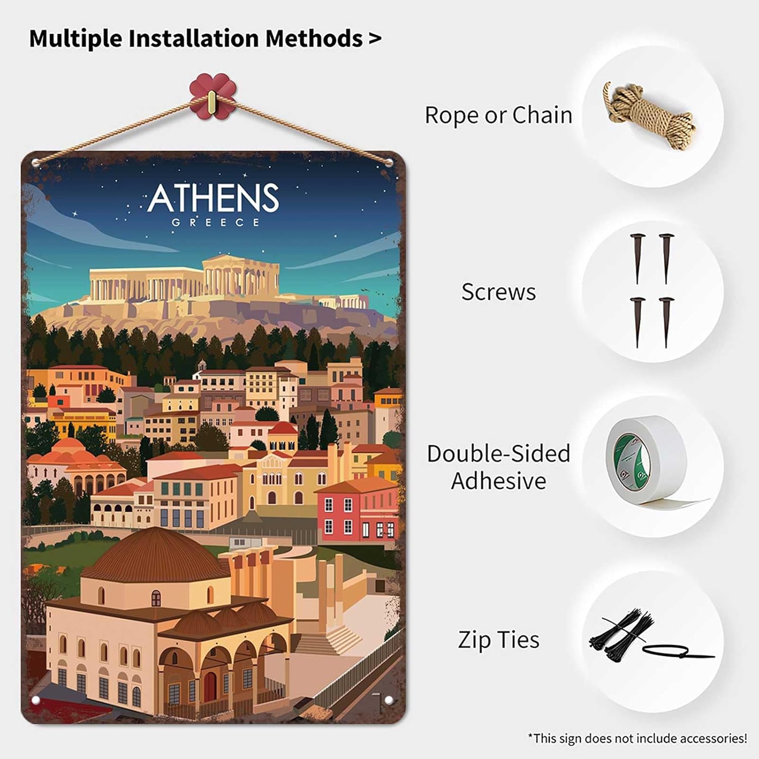 Vintage Metal Tin Sign Athens Greece Travel Art Poster-Wall Art Decor for Home Room Office Dorm Decor 8X12inch
