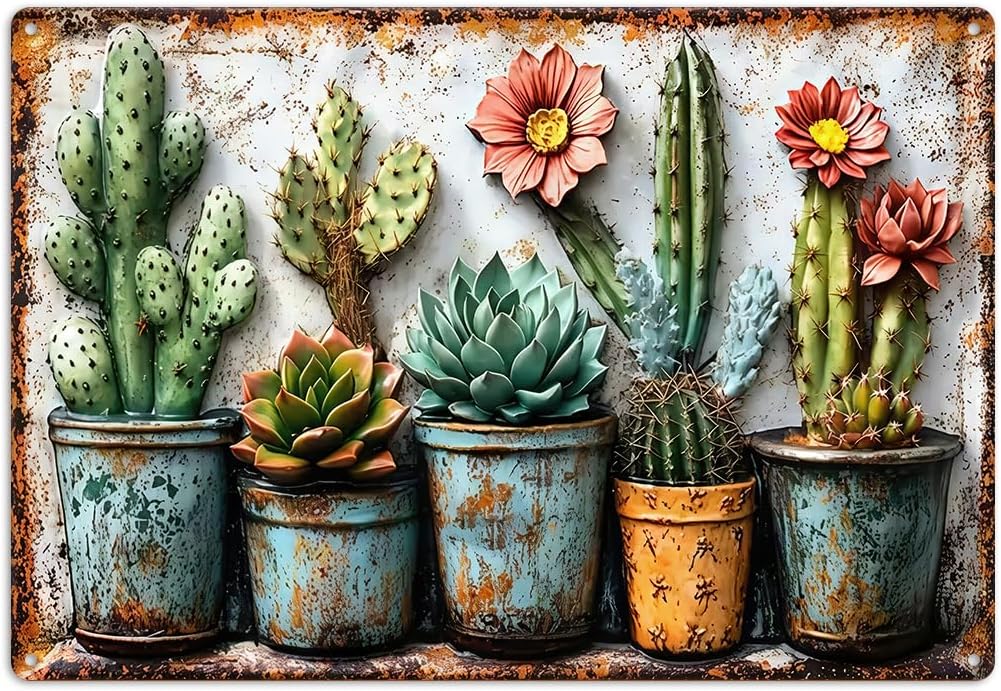 Gardening Gifts Vintage Garden Mental Tin Signs Cactus Plant Flower Printing for Home Yard Greenhouse Outdoor Decoration (8x12 Inch)