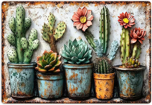 Gardening Gifts Vintage Garden Mental Tin Signs Cactus Plant Flower Printing for Home Yard Greenhouse Outdoor Decoration (8x12 Inch)