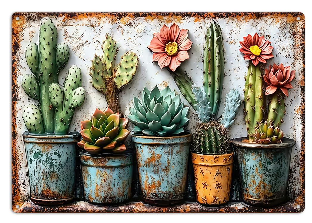 Gardening Gifts Vintage Garden Mental Tin Signs Cactus Plant Flower Printing for Home Yard Greenhouse Outdoor Decoration (8x12 Inch)