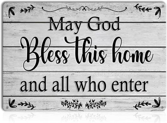 May God Bless This Home Wall Decor – Blessed Tin Sign for Christian Decoration – Rustic Family Welcome Sign for Front Door or Kitchen – Vintage Housewarming Gift for New Home – 8x12 Inch Metal Wall Art