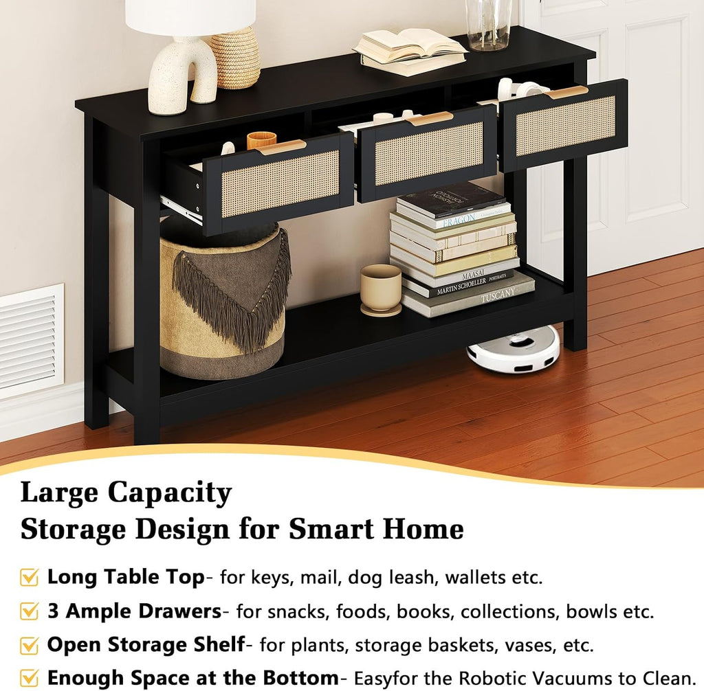 Luoxiao Entryway Table, 47" Rattan Console Tables with 3 Drawers, Narrow Hallway Table for Entryway with Storage Shelf, Slim Sofa Table Behind Couch, Modern Black Foyer Entry Way Table, Easy Assembly