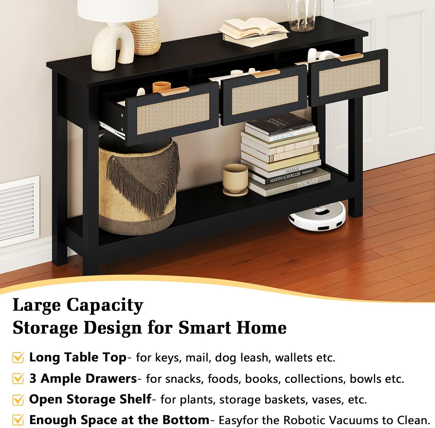 Luoxiao Entryway Table, 47" Rattan Console Tables with 3 Drawers, Narrow Hallway Table for Entryway with Storage Shelf, Slim Sofa Table Behind Couch, Modern Black Foyer Entry Way Table, Easy Assembly