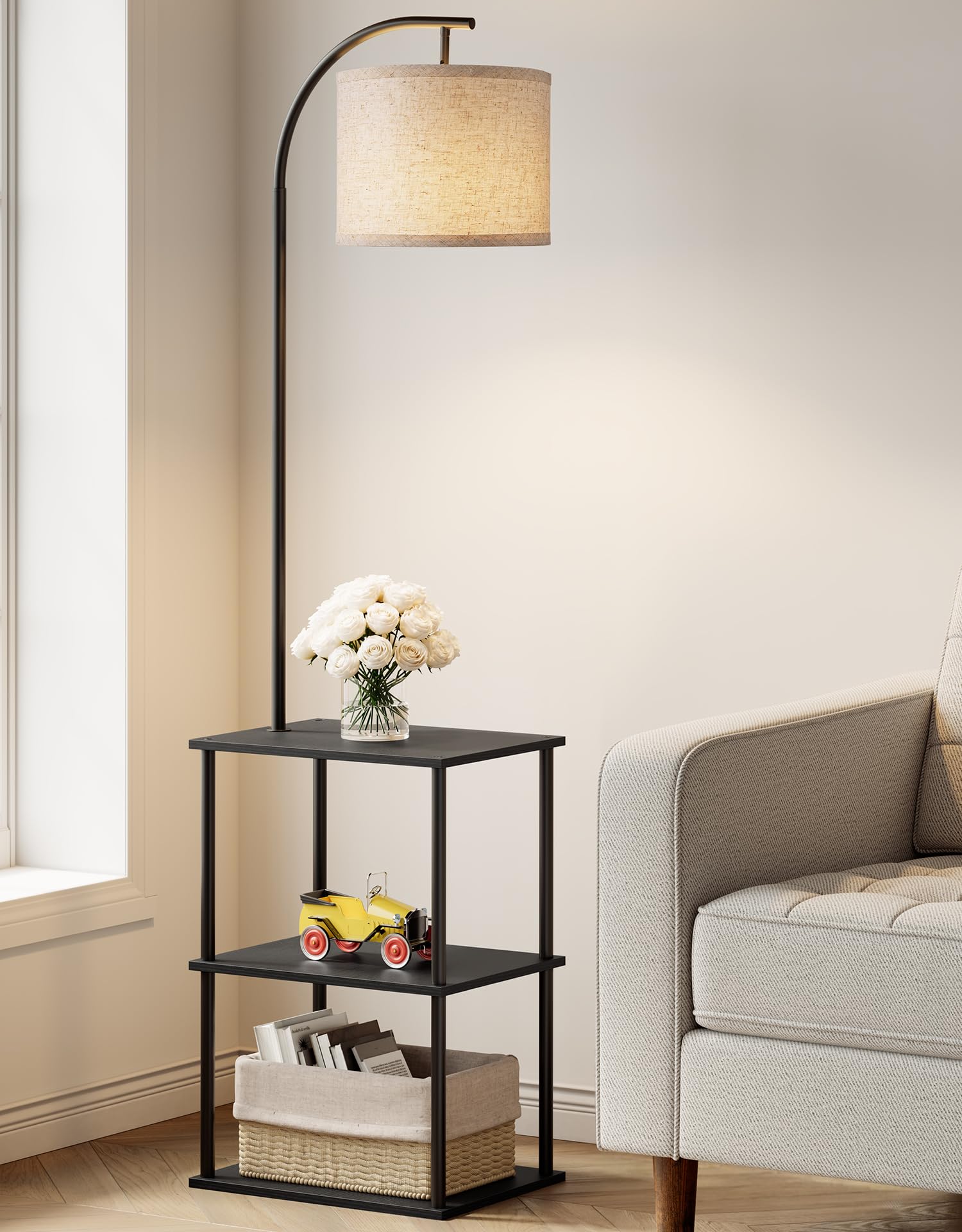 PARTPHONER Floor Lamp with Table, Night Stand with Lamp, Narrow Side Table with 3CCT LED Bulb, Small Coffee Table, Modern End Table with Storage Shelves for Living Room Bedroom Home Décor