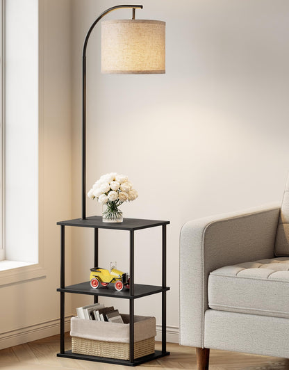 PARTPHONER Floor Lamp with Table, Night Stand with Lamp, Narrow Side Table with 3CCT LED Bulb, Small Coffee Table, Modern End Table with Storage Shelves for Living Room Bedroom Home Décor