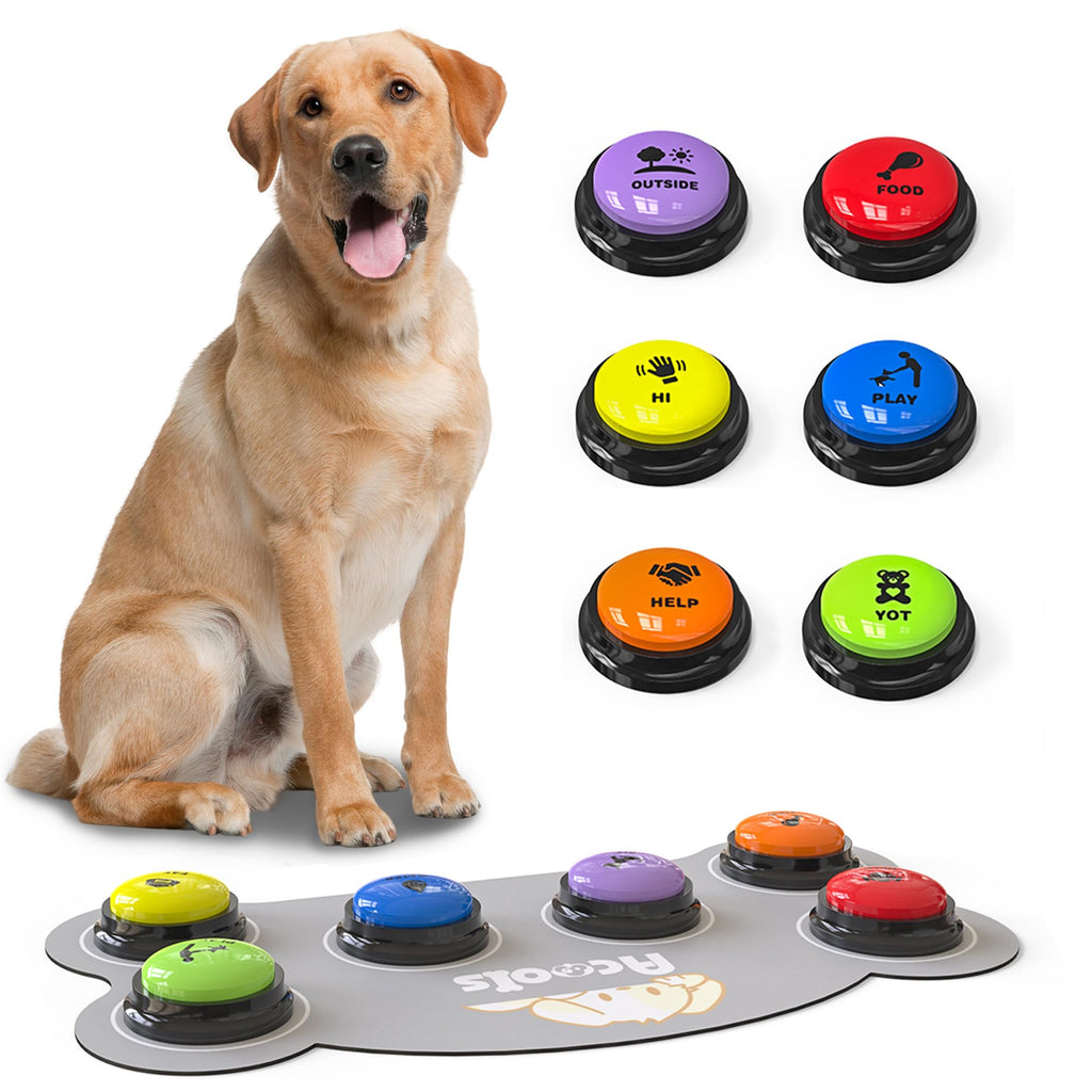 Acools Dog Buttons for Communication, 4 Dog Talking Button Set, Speaking Buttons for Cats and Dogs, 30s Voice Recordable Pet Training Buzzer with Waterproof Dog Activity Mat and 48 Scene Stickers