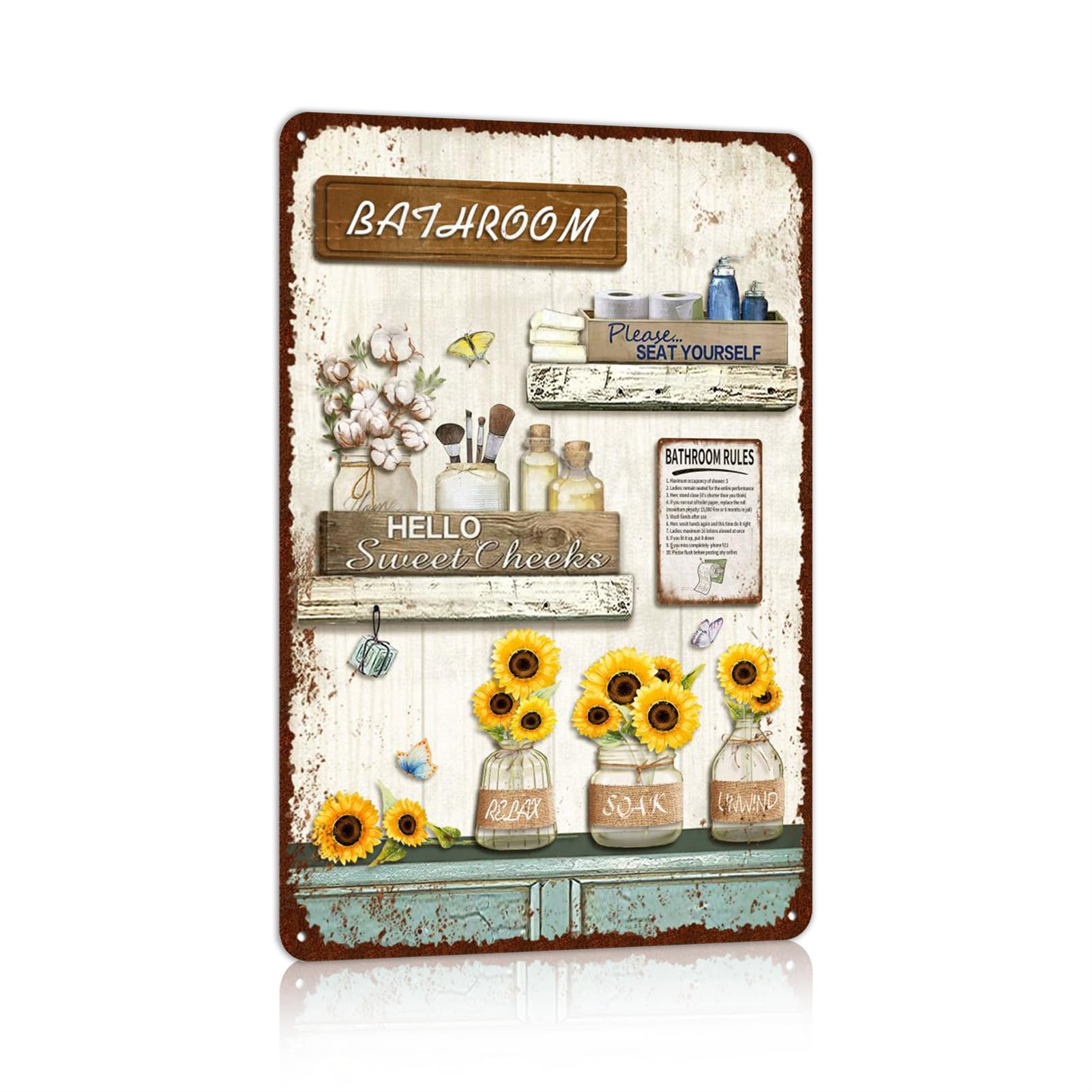 Vintage Farmhouse Bathroom Metal Tin Signs Rustic Flower Country Wall Art Decor 8X12 Inches
