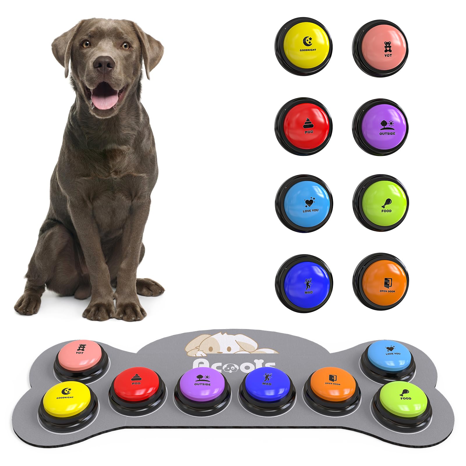 Acools Dog Buttons for Communication, 4 Dog Talking Button Set, Speaking Buttons for Cats and Dogs, 30s Voice Recordable Pet Training Buzzer with Waterproof Dog Activity Mat and 48 Scene Stickers