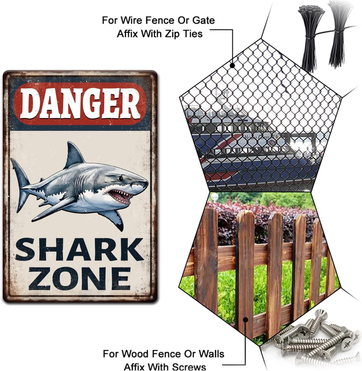 GLOBLELAND Vintage Danger Warning Metal Tin Sign 12x8inch Shark Zone Tin Signage Decor Signs Retro Ocean Shark Wall Metal Plaque for Office Home Garage Room Cafes Bars Fishing Area Decoration
