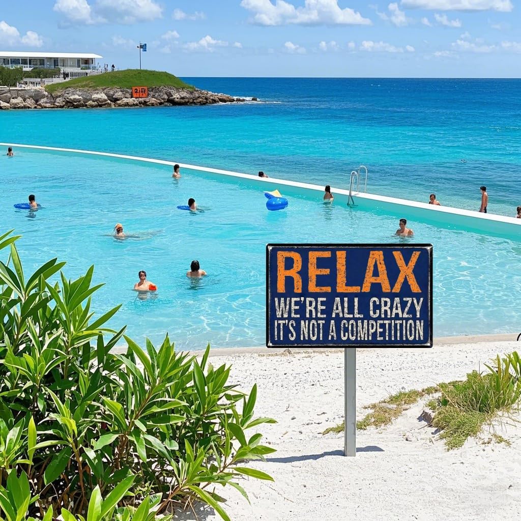 Vintage Metal Sign – “Relax, We're All Crazy. It's Not a Competition” Funny Quote – 8x12 Inch Tin Wall Decor for Home, Dorm, Cafe,