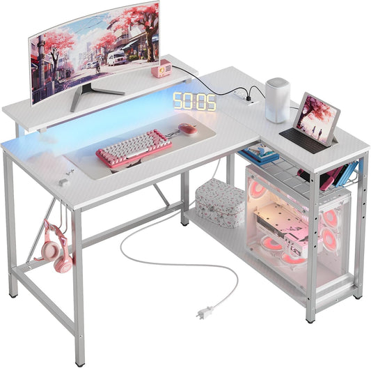 Bestier White Computer Desk with Charging Port & LED Strip,42 inch Modern Gaming Desk with Reversible Storage Shelves,Small L Shaped Desk with Hooks for Home Office