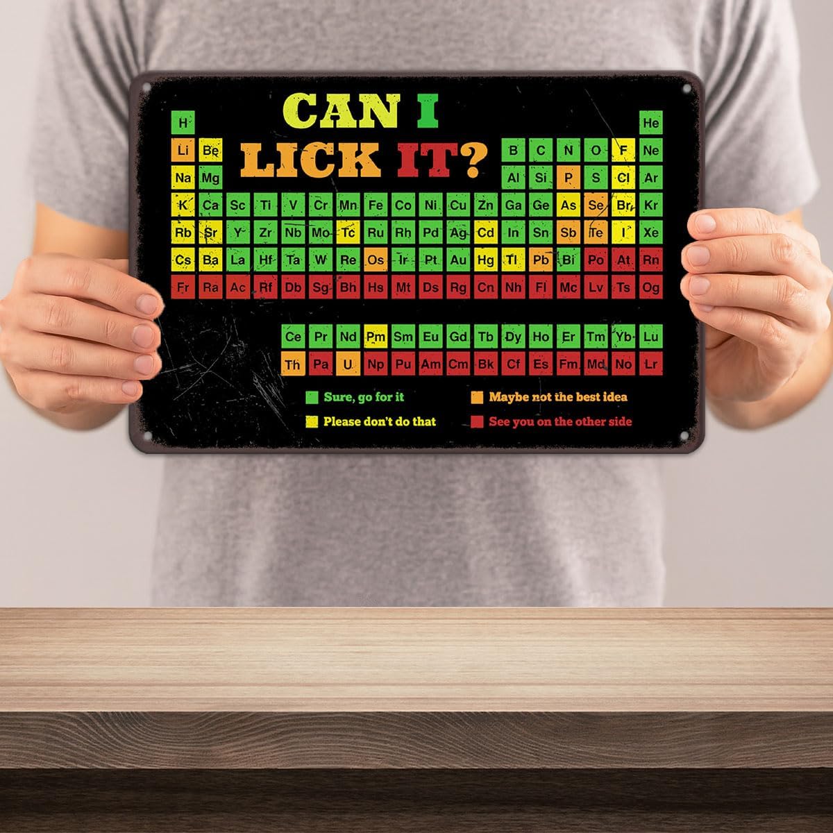 Can I Lick It Periodic Table Metal Sign - Funny Chemistry Science Humor Wall Decor for Classroom, Men Office, Nerd Gift, Tin Poster 8x12 Inch