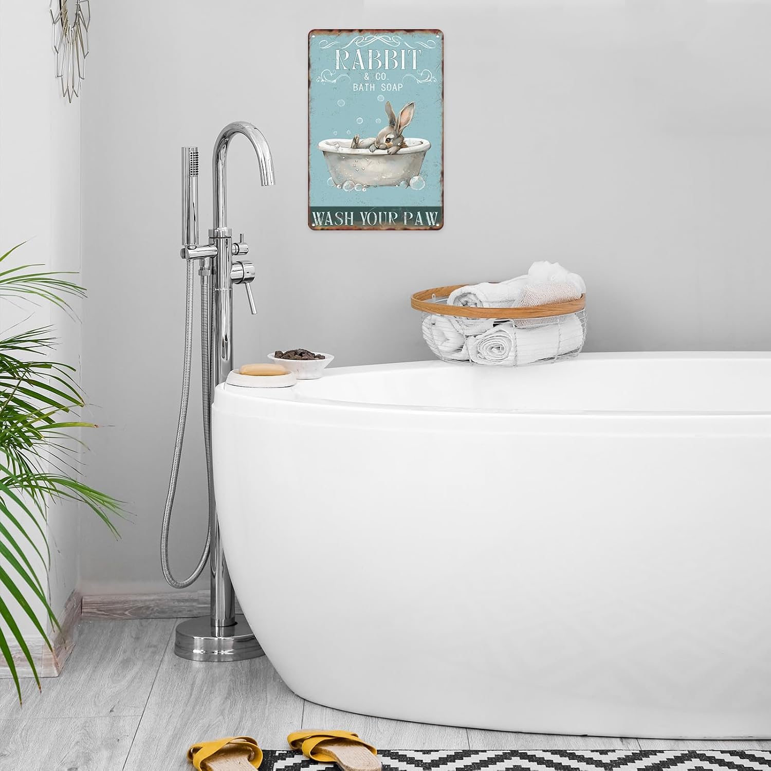 Wash Your Paws Bathroom Metal Sign Cute Rabbit Bath Soap Tin Sign For Office Toilet Bathroom Restroom Door Bar Hotel Club Plaque Guest Wall Decor Vintage Style Art Painting 12 X 8 Inch