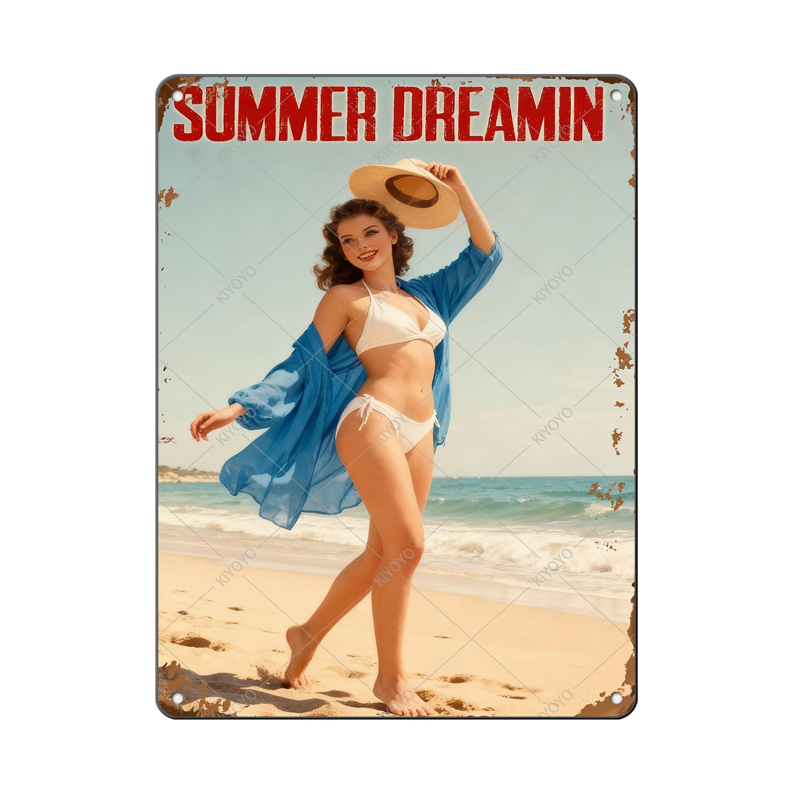 50s Pin up Girl Fishing Metal Tin Sign Open Fly Season Wall Decor Home Angler Cafes Lake House Seascape 12x8 Inch