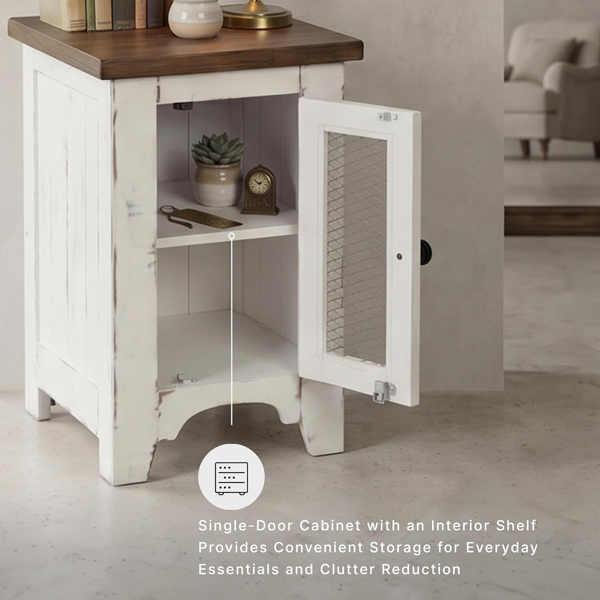 Signature Design by Ashley Wystfield Farmhouse Chair Side End Table with Cabinet Door for Storage, White & Brown with Distressed Finish