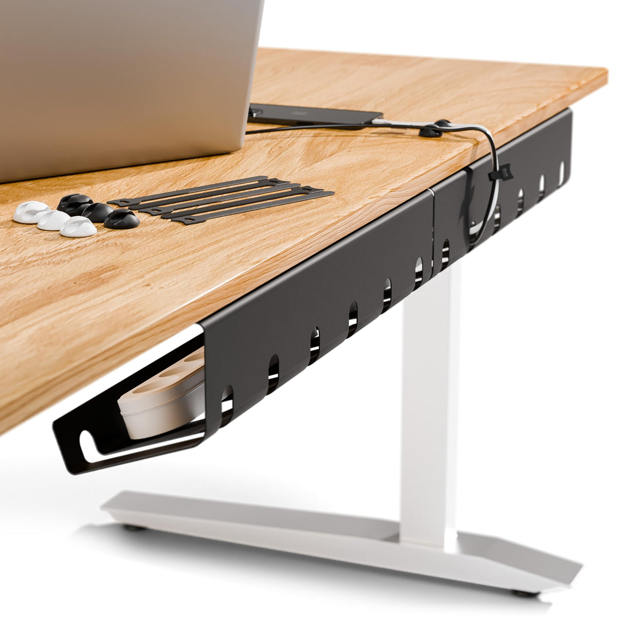 PAMO Cable Management Under Desk for Easy mounting Under-Table I Set of 3 - with 10X Cable Ties I Desk Organizer for Office/Home Office Table Thoughtful Cable Tray Holder