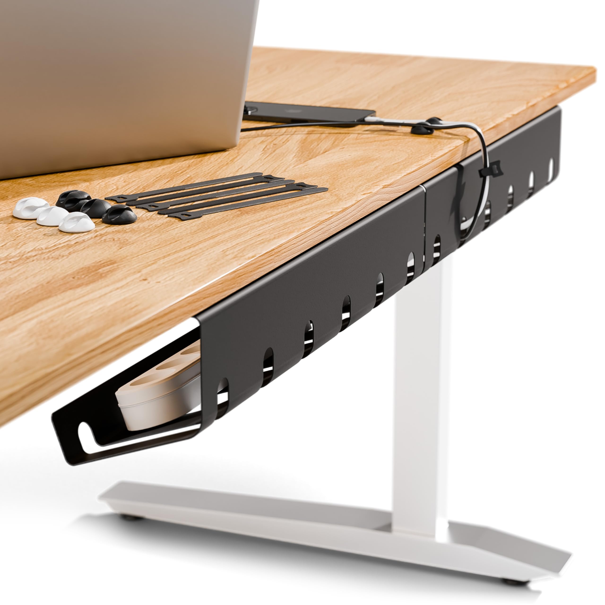PAMO Cable Management Under Desk for Easy mounting Under-Table I Set of 3 - with 10X Cable Ties I Desk Organizer for Office/Home Office Table Thoughtful Cable Tray Holder