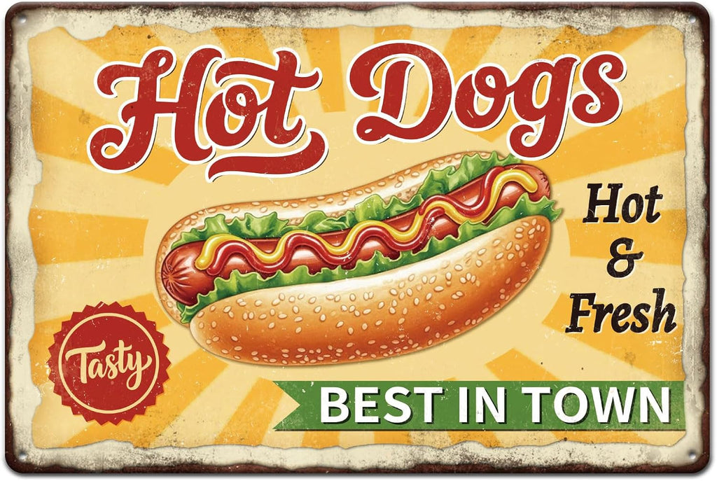 GLOBLELAND Hot Dog Fast Food Metal Tin Sign 8x12inch "Best In Town" Vintage Painting Tin Sign Wall Poster Plaque for Kitchen Breakfast Dining Room Café Brunch Culinary Room