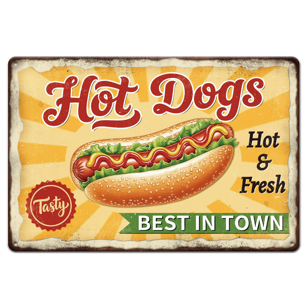 GLOBLELAND Hot Dog Fast Food Metal Tin Sign 8x12inch "Best In Town" Vintage Painting Tin Sign Wall Poster Plaque for Kitchen Breakfast Dining Room Café Brunch Culinary Room
