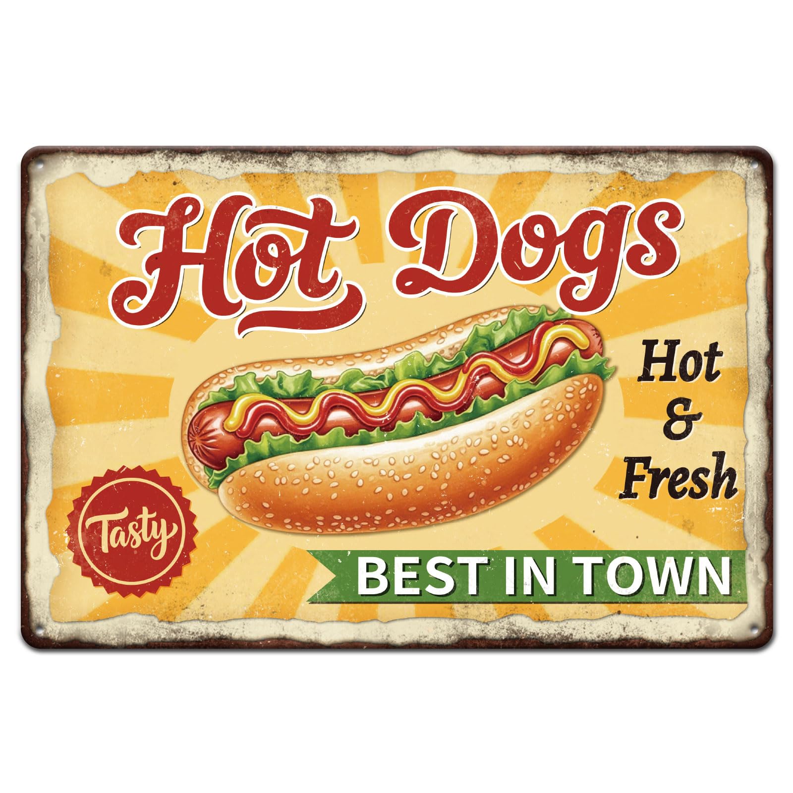 GLOBLELAND Hot Dog Fast Food Metal Tin Sign 8x12inch "Best In Town" Vintage Painting Tin Sign Wall Poster Plaque for Kitchen Breakfast Dining Room Café Brunch Culinary Room