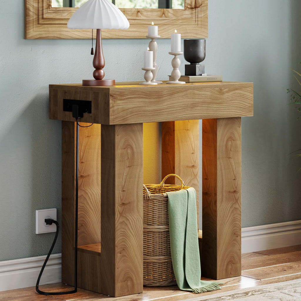 Unikito 47" Entryway Table with Socket and Sensor Light, Narrow Console Table with Storage Behind Couch, Farmhouse Entry Way Tables with Open Storage for Entrance/Hallway/Living Room, Natural Oak