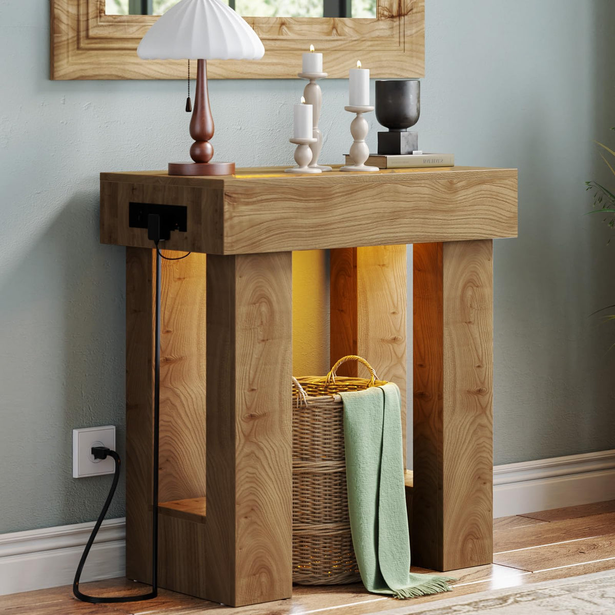 Unikito 47" Entryway Table with Socket and Sensor Light, Narrow Console Table with Storage Behind Couch, Farmhouse Entry Way Tables with Open Storage for Entrance/Hallway/Living Room, Natural Oak