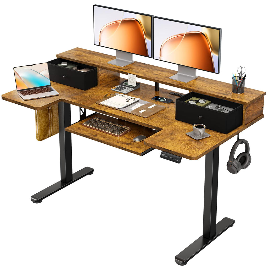 OffiGo U Shaped Electric Standing Desk with Keyboard Tray, 55 Inch Height Adjustable Desk with Power Outlets & LED Lights, Sit Stand Table with Monitor Stand for Home, Office, White