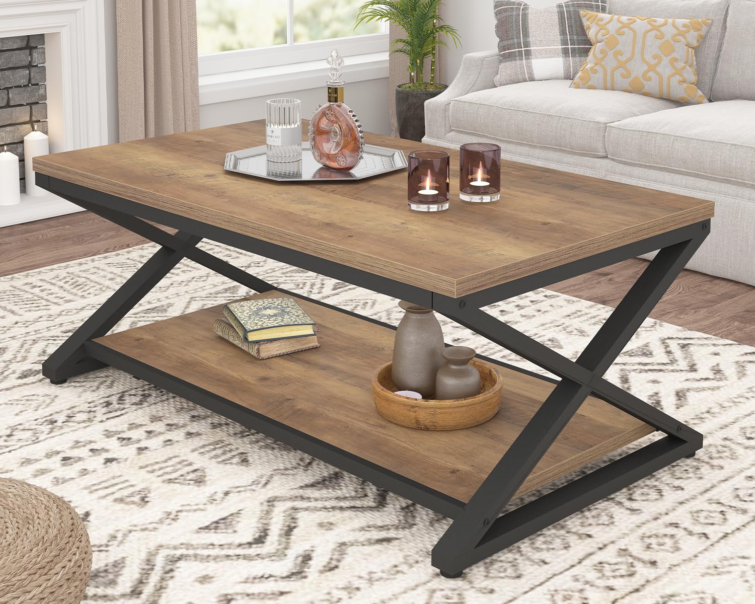 HSH Rustic Coffee Table with Storage Shelf, Industrial Metal Wood Living Room Table, Farmhouse Minimalist Rectangle Center Table, Vintage Simple 2 Tier Cocktail Tea Table, Rustic Brown, 47 Inch