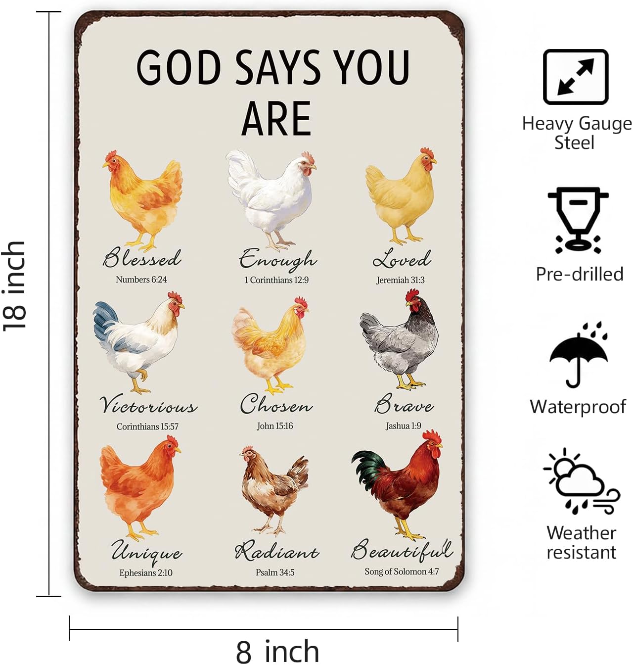 Christian Chicken Tin Sign Bible Verse 8x12 Inch, Watercolor Rooster “God Says You Are” Metal Wall Decor, Religious Encouragement Gift for Farmhouse, Kitchen, Garden, Coop and Chicken Lovers