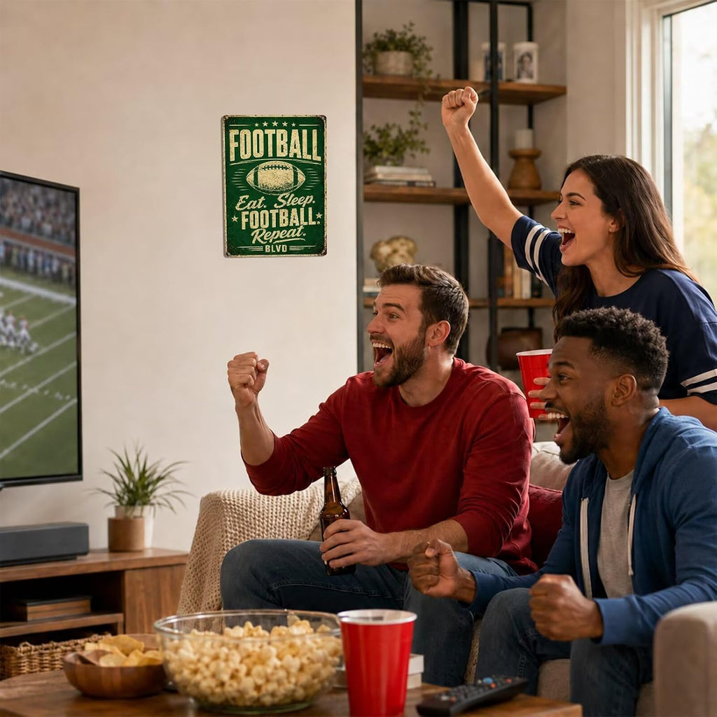 Eat Sleep Football Repeat Tin Sign, Football Room Wall Decor For Teen Boys Room Bedroom, Sports Player Man Cave Decor 8X12 Inch