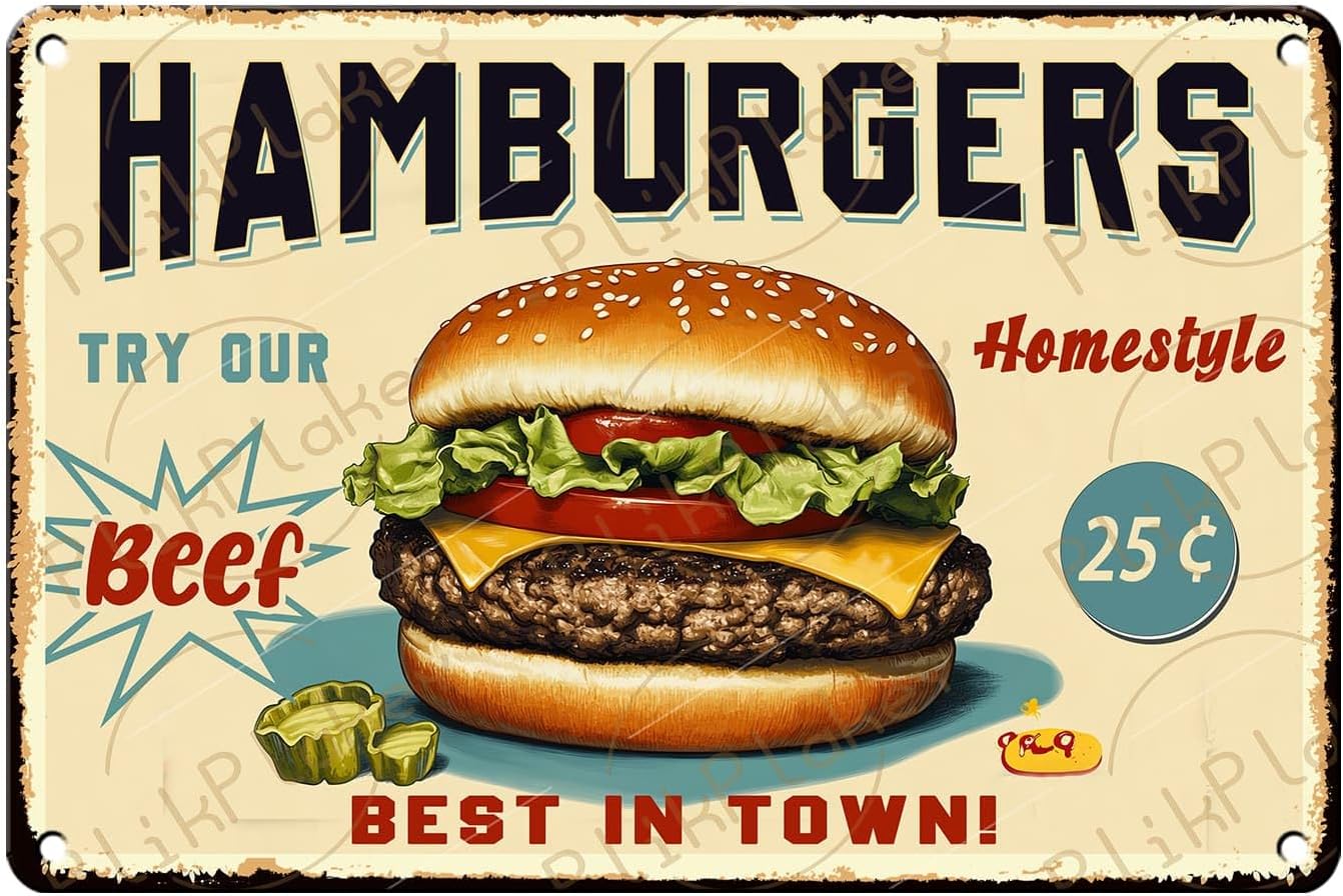 Best in Town Beef Hamburgers Retro Metal Tin Sign Vintage Wall Decor Bar Fast Food Shop Restaurant Kitchen Snack Truck Pub Coffee Home Poster 12x8 Inch