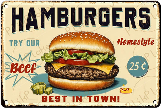 Best in Town Beef Hamburgers Retro Metal Tin Sign Vintage Wall Decor Bar Fast Food Shop Restaurant Kitchen Snack Truck Pub Coffee Home Poster 12x8 Inch