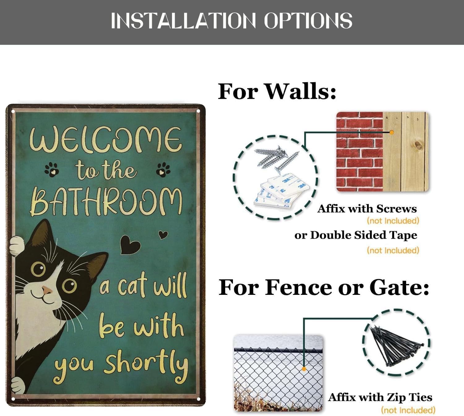Funny Bathroom Sign Vintage Cat Tin Signs for Wall Decor 8" x 12" Funny Bathroom Signs Restroom Toilet Decor Metal Wall Plaque Poster (Welcome)
