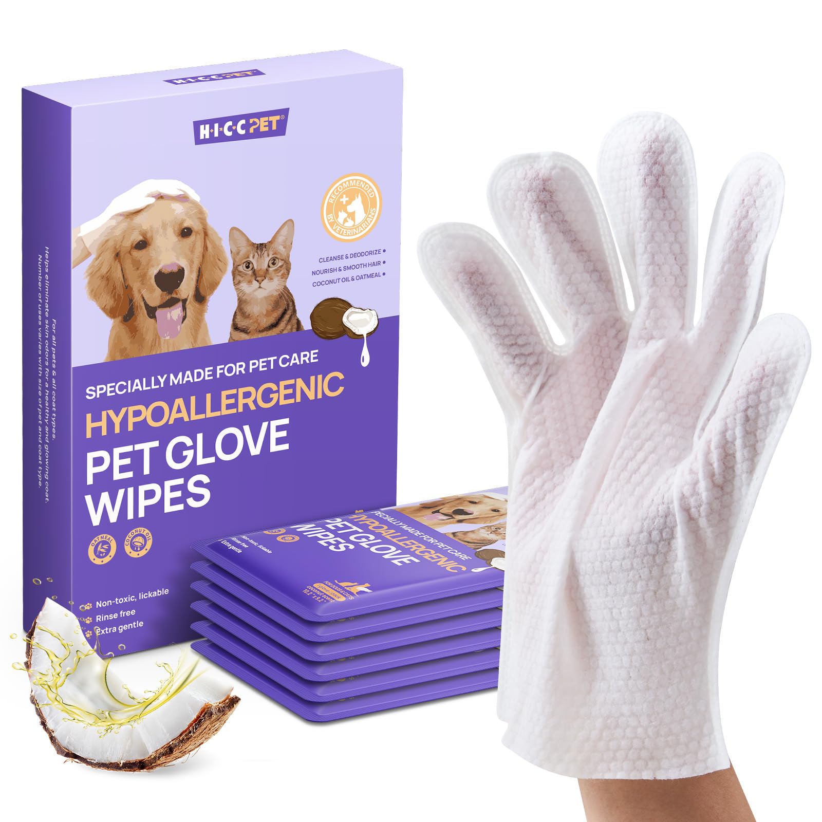 HICC PET Dog Wipes Cleaning Deodorizing Glove Wipes for Dogs, Cats & Horses, Vet Recommended Hypoallergenic Hydrating & Nourishing Pet Wipes for Eyes, Ears, Butt & Paws, No-Rinse, 6pcs Coconut Scent