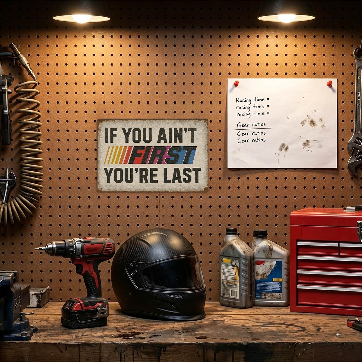 If You Ain't First You're Last Tin Sign – Vintage Racing Wall Decor, Funny Metal Sign for Garage, Man Cave, Workshop, Bar – Distressed Retro Wall Art Gift for Men – 8x12 Inch