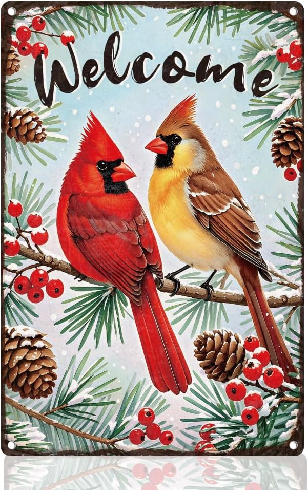 Cardinal Birds Pine Tin Sign Metal Wall Decor 8" x 12" Vintage Welcome Winter Christmas Wall Art Poster for Home Cafes Outdoor Yard Living Room Man Cave Decor Gift