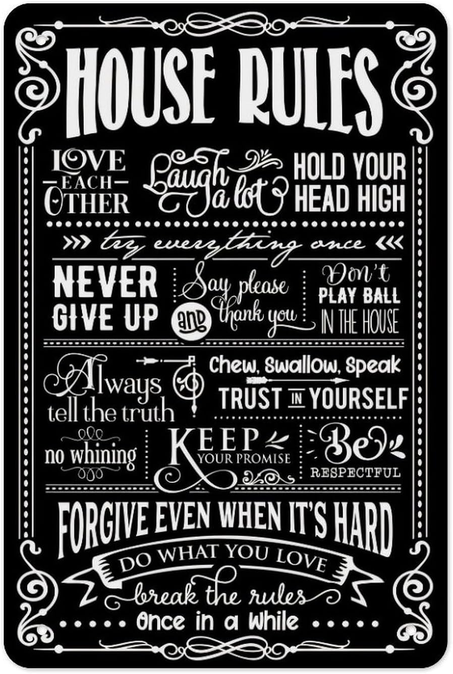 House Rules Metal Tin Sign – Black & White Family Rules Typography Poster, Chalkboard Farmhouse Rustic Wall Art for Entryway Kitchen Living Room, Vintage Home Decor 12x8 Inch