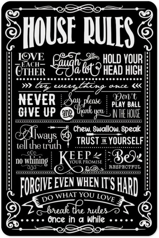 House Rules Metal Tin Sign – Black & White Family Rules Typography Poster, Chalkboard Farmhouse Rustic Wall Art for Entryway Kitchen Living Room, Vintage Home Decor 12x8 Inch